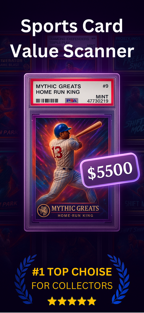 Sports card scanner: SoRare AI - Sports card scanner app displaying a graded baseball card with a five thousand five hundred dollar price tag
