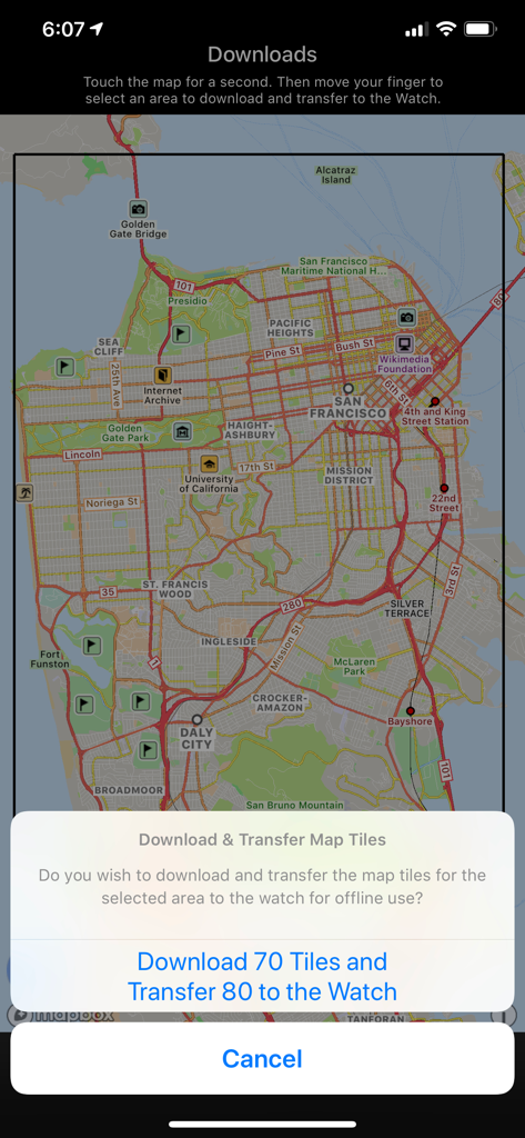 WorkOutDoorsアプリでApple Watch用のオフラインマップタイルのダウンロード