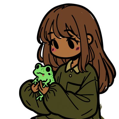girl with long hair and a oversized shirt. and she is holding a frog
