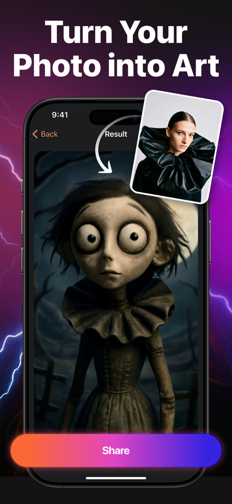 MiniMax AI - Video Generator - MiniMax AI app interface showing a real photo transformed into a stylized creepy horror character