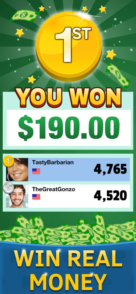 Solitaire Nano - Solitaire Nano victory screen showing a 190 dollar cash prize and tournament leaderboard