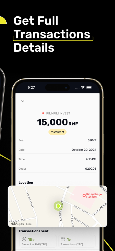 Faranga – Fast Mobile Money - Detailed transaction view in Faranga app showing payment amount category and map location