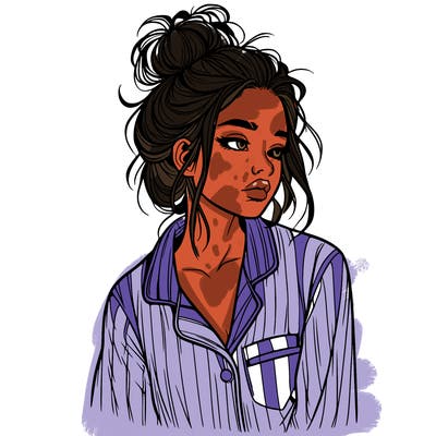 realistic woman with pajamas on and a messy bun