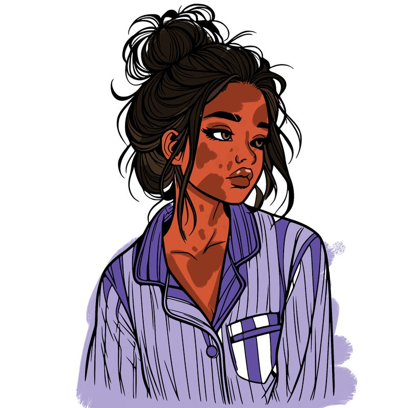 realistic woman with pajamas on and a messy bun