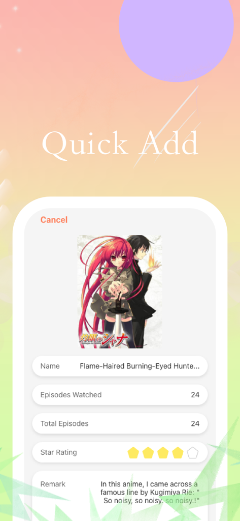 MyMedia- Track And Record Mate - Screenshot des Bildschirms Schnelles Hinzufügen in MyMedia, der den Wiedergabefortschritt und Sternebewertungen für eine Anime-Serie anzeigt.