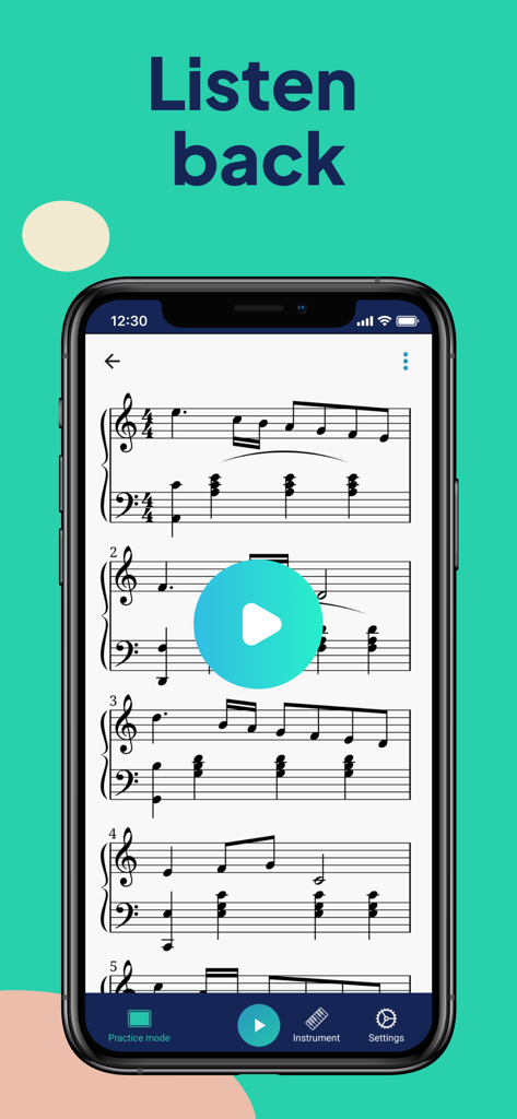 Sheet Music Reader Halbestunde - オーディオ再生用の大きな再生ボタンが付いたスマートフォン上の楽譜を示すHalbestundeアプリインターフェイス