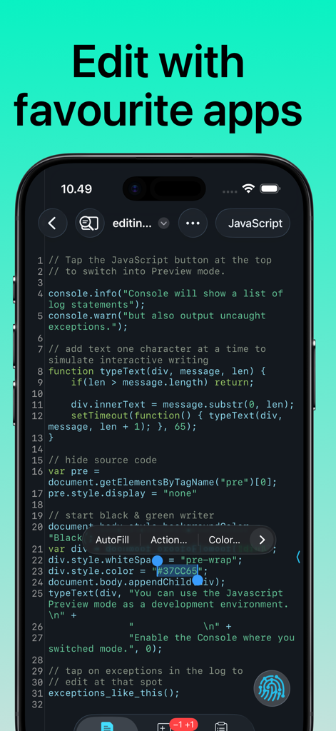 Git client - Working Copy - Working Copy App zeigt einen Code-Editor mit Syntax-Hervorhebung für JavaScript auf einem iPhone