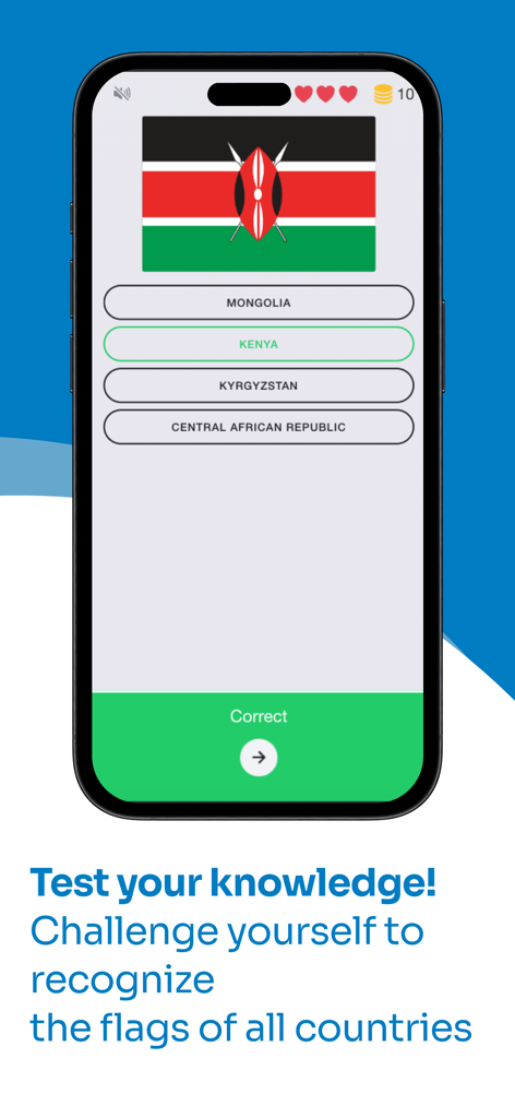 Quiz Flags Around the World - A mobile screen showing the Quiz Flags Around the World app with the flag of Kenya and multiple-choice country name options.