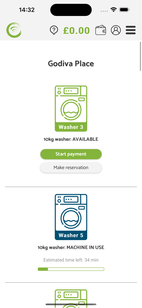 Washnet - Mobile app screen showing washing machine availability and real-time cycle monitoring for Washnet.