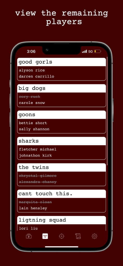 assassin. - A mobile app screen showing a list of game teams and players with eliminated members crossed out.