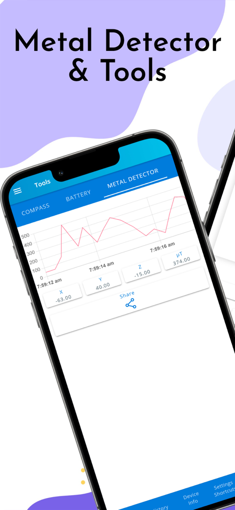 Metal Detector & Gold Finder - iPhone screen showing the metal detector tool with a real-time magnetic field line graph
