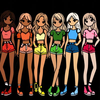 a group of girls wearing crop tops and shorts