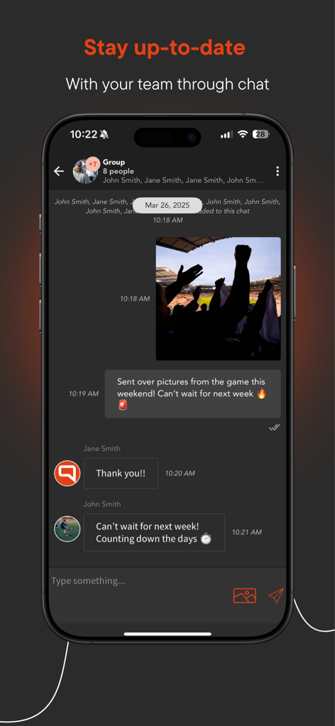 A screenshot of the Sports Thread app showing a team chat group with text messages and a shared game photo.