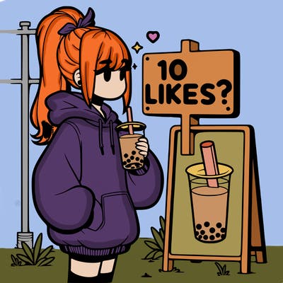 girl with oversized hoodie drinking boba and she has a high ponytail with a sign that says 10likes?