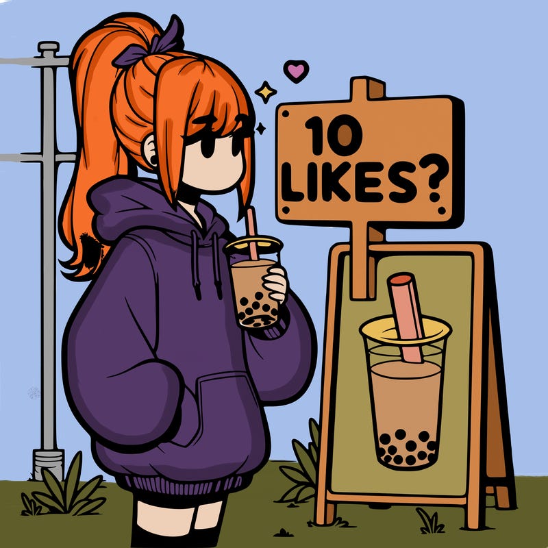 girl with oversized hoodie drinking boba and she has a high ponytail with a sign that says 10likes?