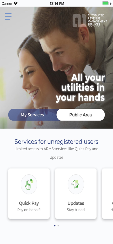 Arms Malta mobile app home screen with utility management options and quick pay feature