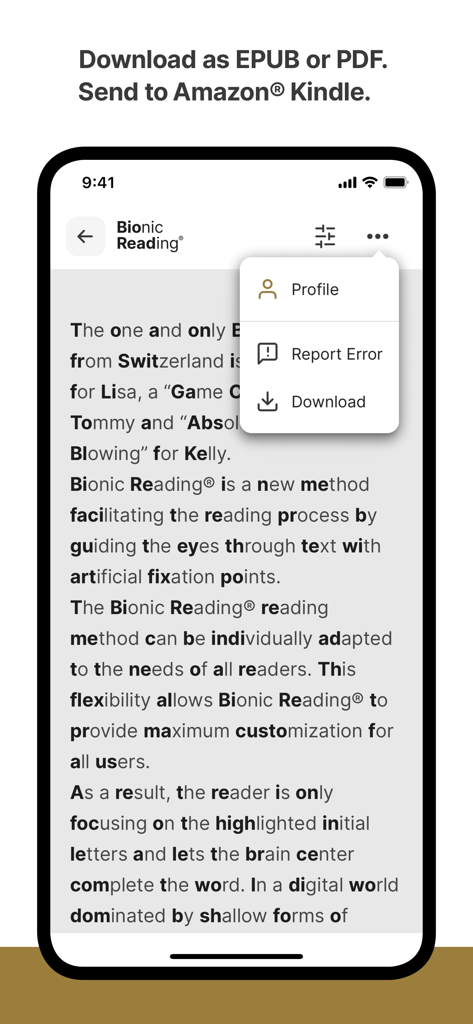 Interfaz de la aplicación Bionic Reading en un smartphone que muestra texto con letras resaltadas y un menú desplegable con una opción de descarga para archivos EPUB y PDF.