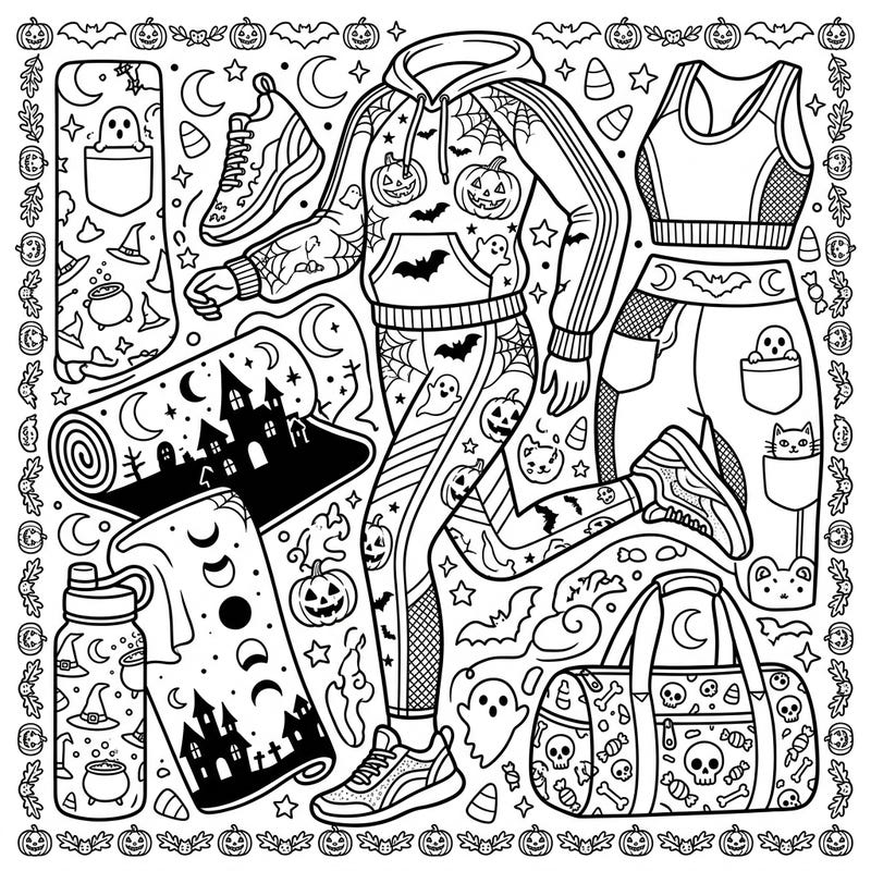 Combine your love for fitness with festive frights on this unique Halloween activewear coloring page. Discover a collection of sporty gear, from hoodies to yoga mats, intricately decorated with pumpkins, ghosts, and bats, ready for your creative touch.