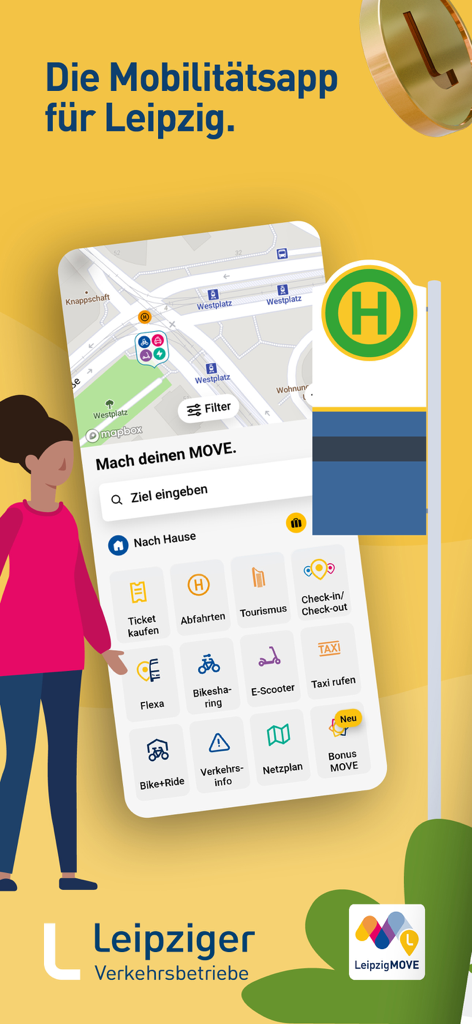 LeipzigMOVE App Startbildschirm mit Transportoptionen wie Bike Sharing E-Scooter und Taxi auf gelbem Hintergrund