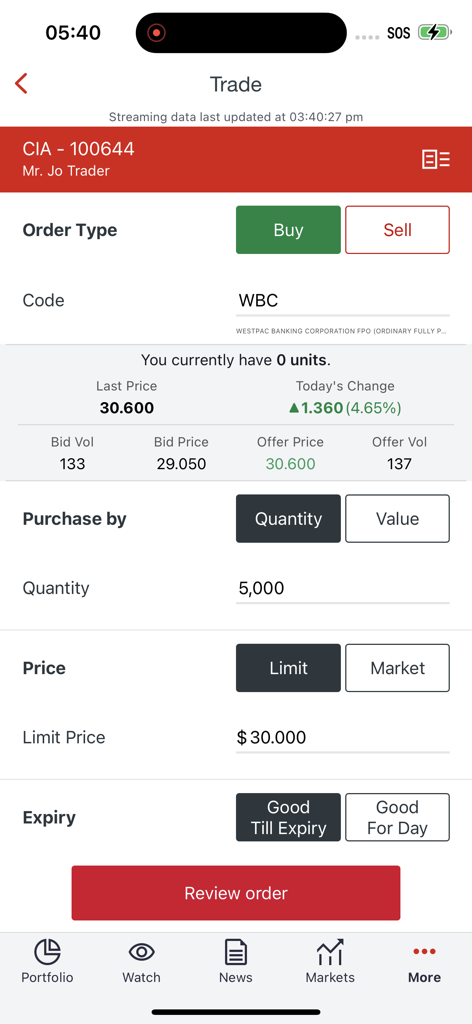 Westpac Share Trading app interface for placing a buy order for stocks