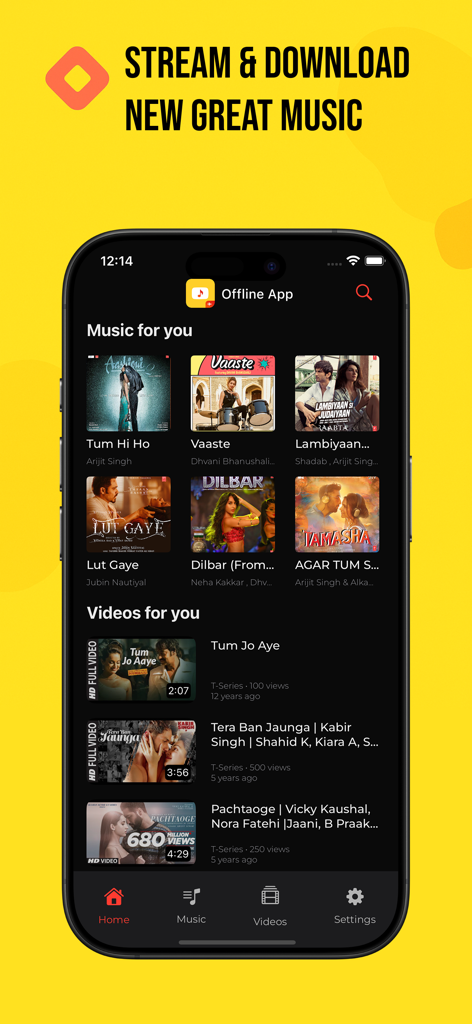 Stube : Offline Music & Videos - Écran d'accueil de l'application Stube présentant des recommandations de musique et vidéo avec des options de streaming et de téléchargement.