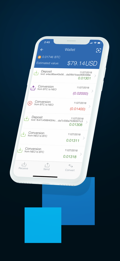 CoinPayments - Crypto Wallet - CoinPayments mobile app showing a bitcoin wallet balance and a list of crypto transactions like deposits and conversions