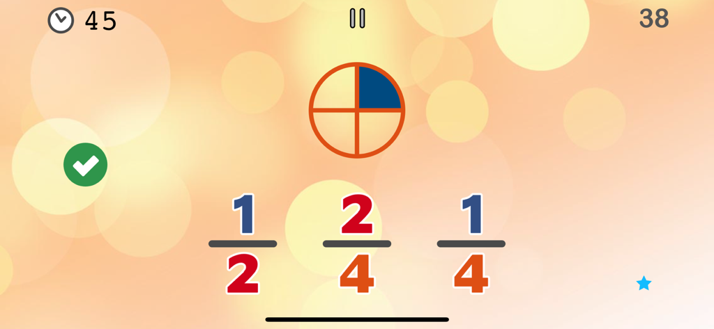 Math Champions games for kids. - Pantalla de juego de matemáticas educativo que muestra un rompecabezas de fracciones con un círculo sombreado y opciones múltiples.