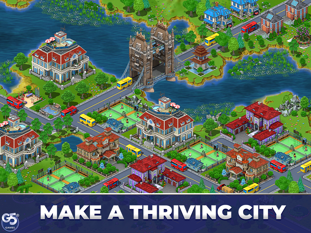 Virtual City Playground HD - Top down gameplay view of a thriving city with various buildings bridges and public transit buses