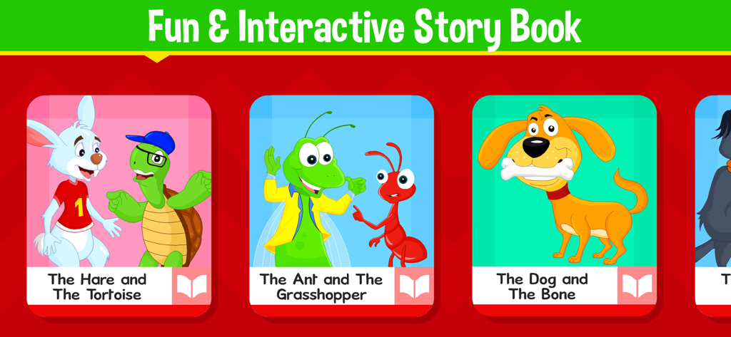 Un menu di storie interattive per bambini con favole classiche come La Lepre e la Tartaruga e La Formica e la Cicala.