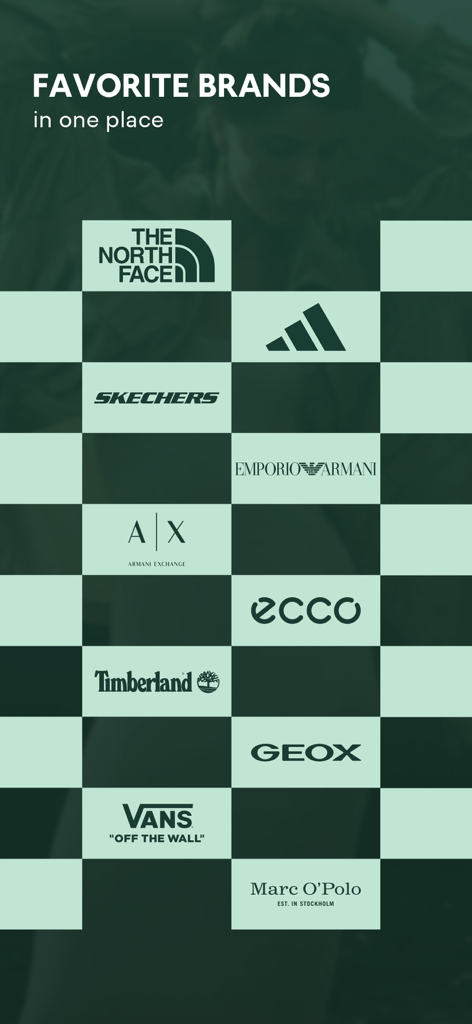 Intertop app screen showcasing logos of favorite world brands like Adidas The North Face and Vans