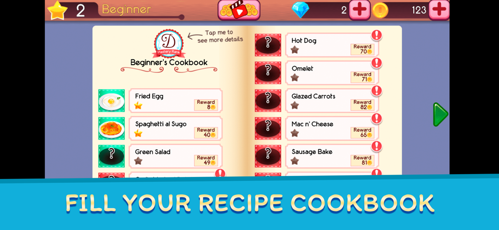 Cookbook Master: Chef Recipes - Beginners cookbook screen in Cookbook Master showing recipe list and rewards