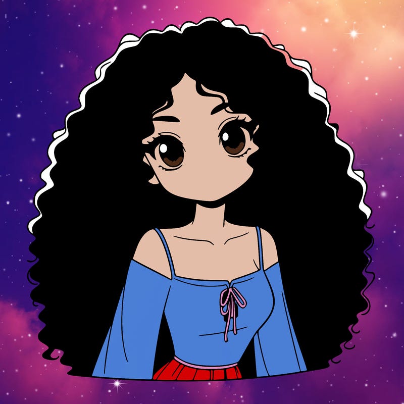 a black anime girl with long afro hair