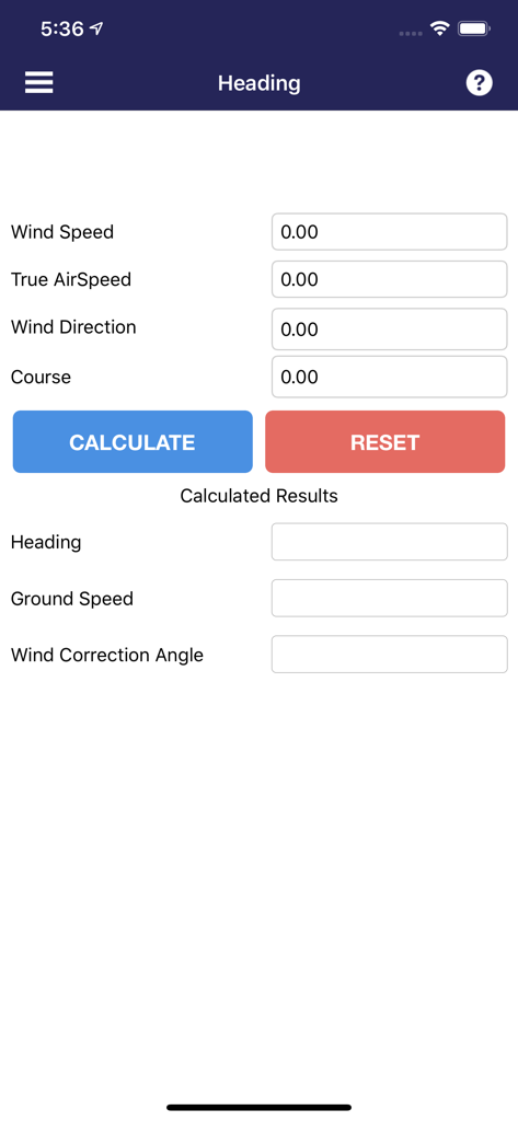 Aviation heading and ground speed calculator interface in the Airport Guide app