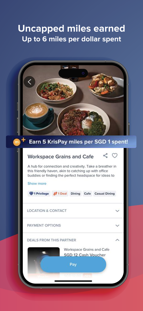 Kris+ by Singapore Airlines - Kris plus app interface displaying miles earned per dollar spent at a cafe with a pay button