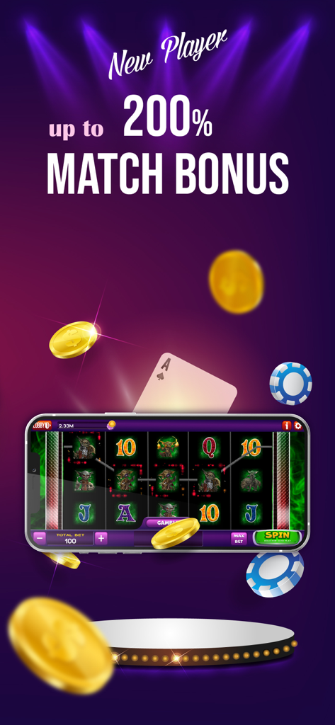 スロットゲームを表示する携帯電話。新規プレイヤー向けの200％マッチボーナスを宣伝するテキストが表示されています。