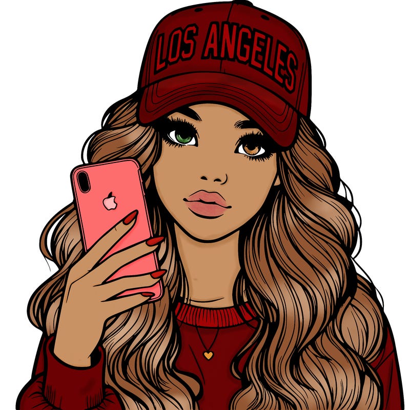 realistic beautiful girl wearing los ángeles cap holding an iphone