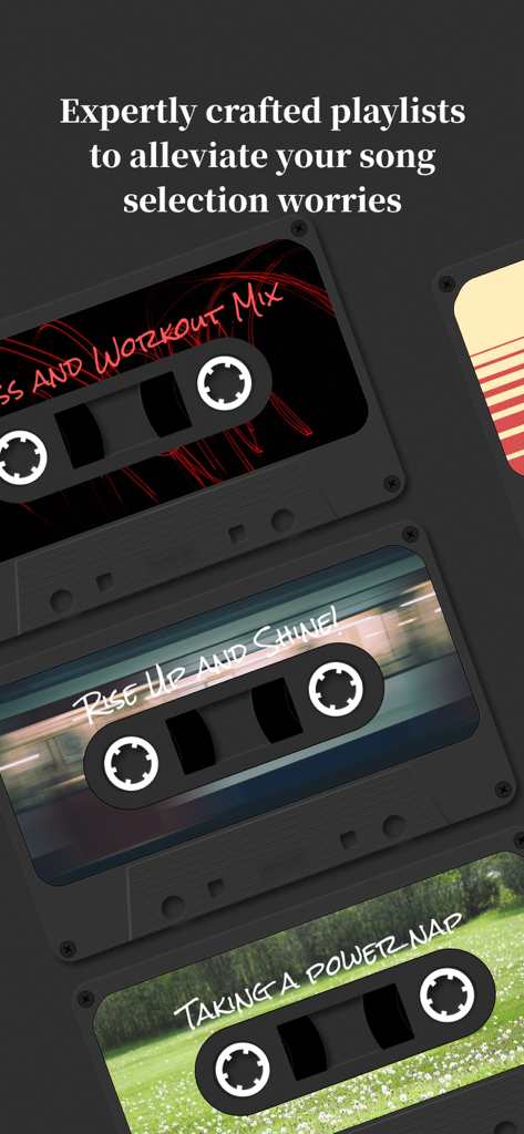 MuseList：Play your loved songs - MuseList app interface displaying vintage cassette tapes for curated music playlists like workout and nap