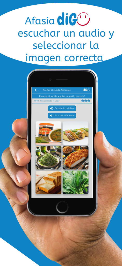 AFASIA diGO - Pantalla de smartphone mostrando un ejercicio de logopedia de AFASIA diGO para emparejar palabras de audio con imágenes de comida.