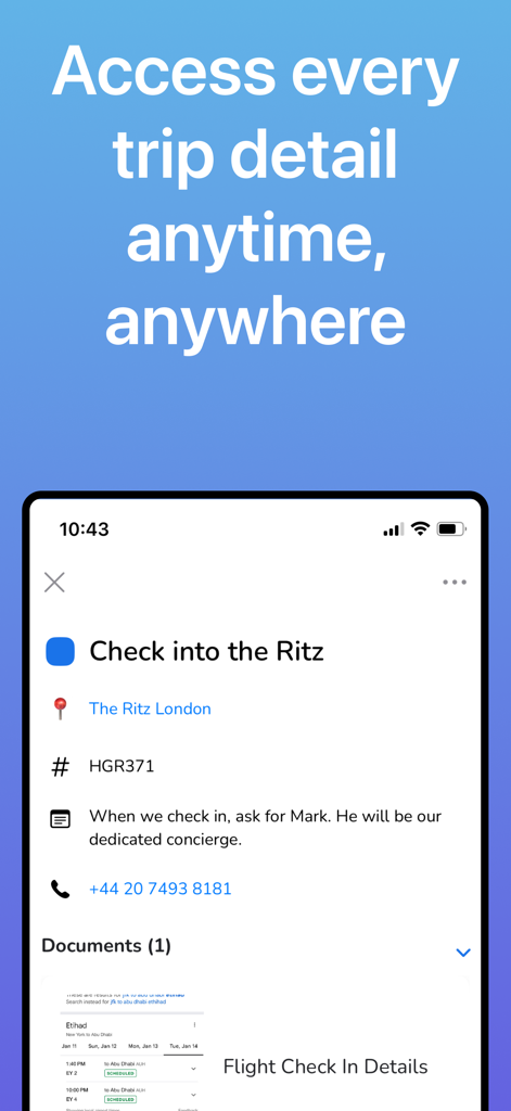 Itinerary Maker for Vacations - Pantalla móvil que muestra detalles centralizados del viaje, incluida información de reserva de hotel y documentos de vuelo