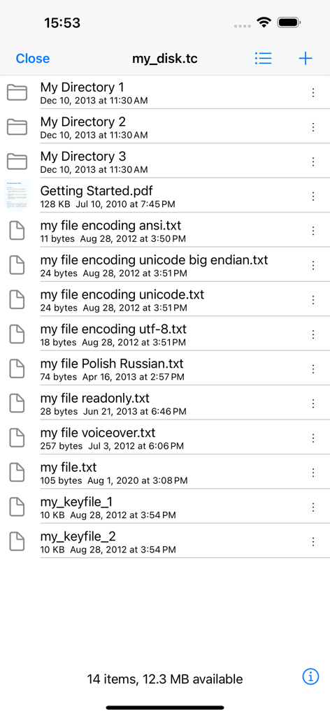 Disk Decipher app interface showing a list of files and folders within an encrypted TrueCrypt container.