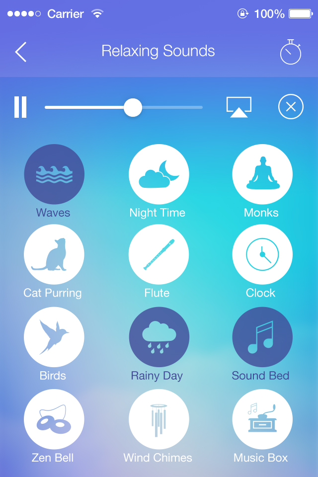 Calm Down Now™ - Interfaz de la aplicación Calm Down Now que muestra una selección de sonidos ambientales relajantes