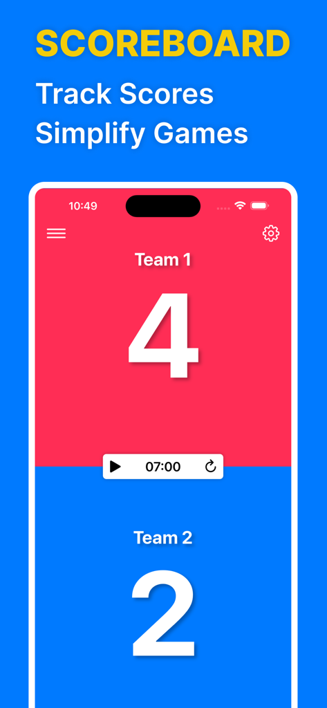 Digital scoreboard app interface with scores for two teams and a game timer