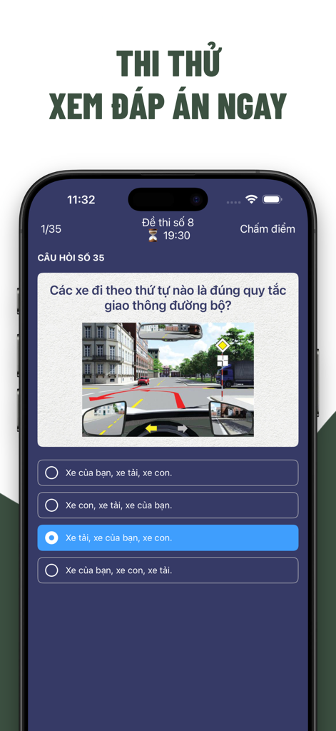 A mock driving test question on an iPhone screen showing a road intersection scenario and multiple choice answers in Vietnamese