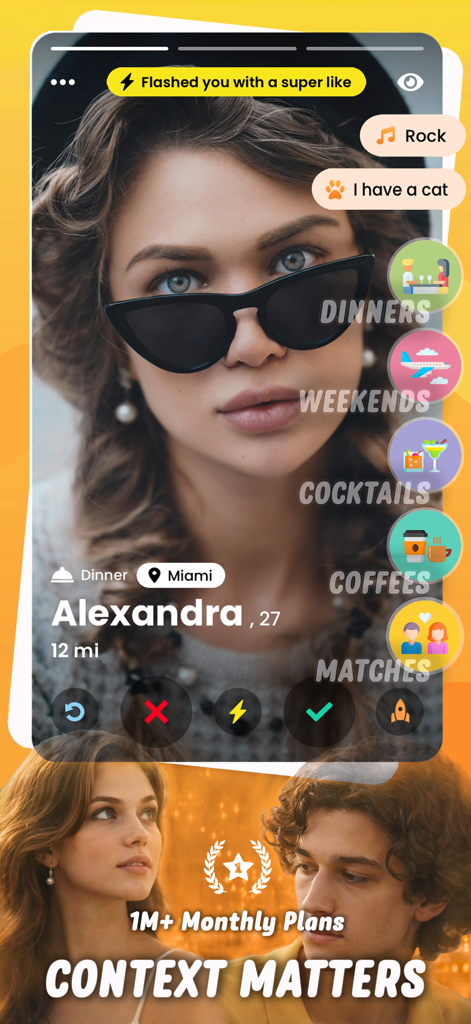 Blender Dating App Meet & Date - A profile view of a woman named Alexandra on the Blender dating app showcasing different social meeting categories like dinners and weekends.