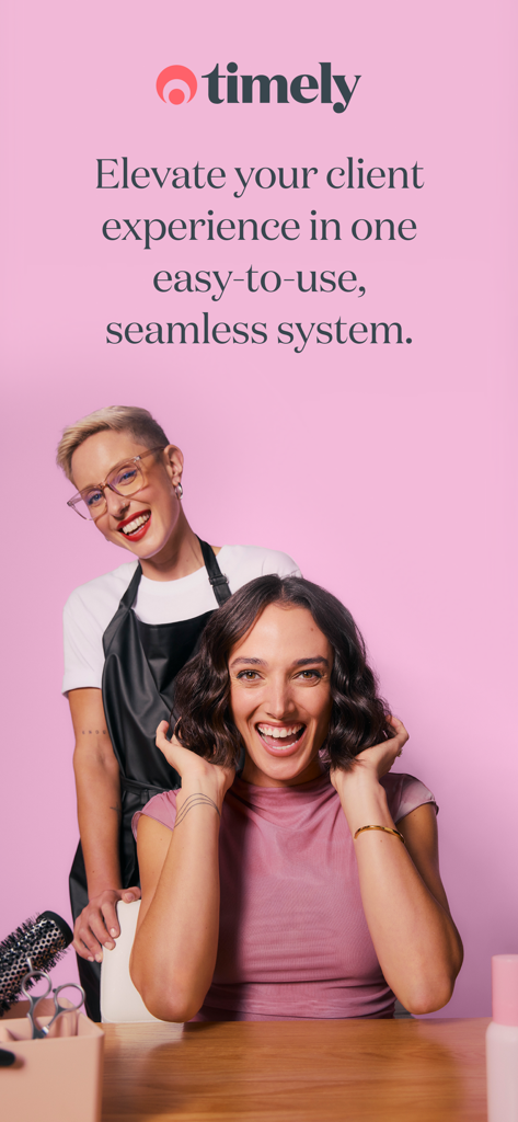 Timely – Bookings & payments - Happy salon stylist and client with Timely booking and payment system branding