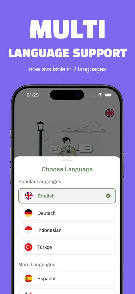 Yallah Speak - Talk Arabic AI - 여러 언어 지원 옵션을 보여주는 Yallah Speak 앱의 인터페이스