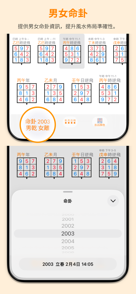 App-Oberfläche zur Berechnung des männlichen und weiblichen Life Gua basierend auf dem Geburtsjahr für Feng Shui-Genauigkeit