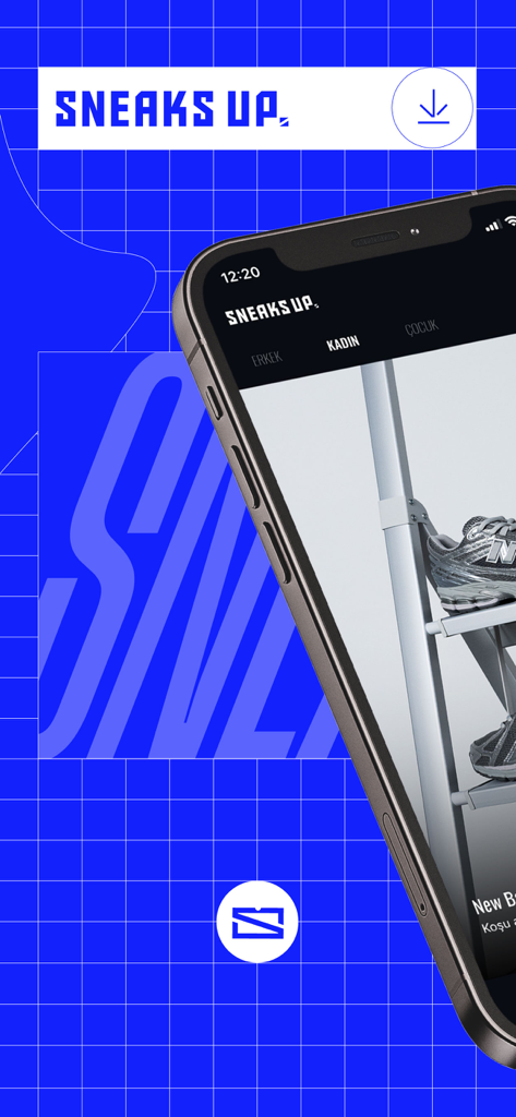 Smartphone montrant l'interface de l'application Sneaks Up pour l'achat de baskets et de streetwear