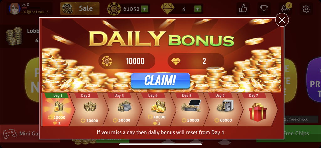 Teen Patti Game - 3Patti Poker - 7일 동안 무료 칩과 보석 보상을 보여주는 Teen Patti Game의 일일 보너스 팝업 화면