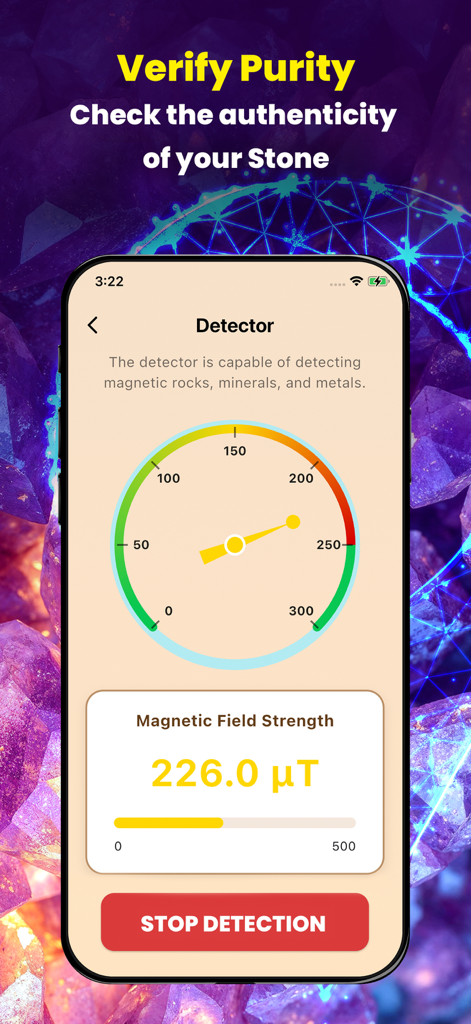Rock Identifier: Stone Checker - Rock Identifier app metal detector tool showing magnetic field strength gauge to verify stone purity.